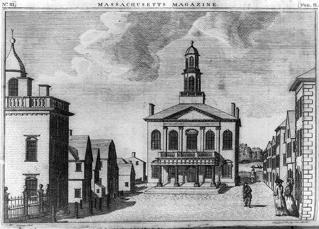 An illustration of the Salem county courthouse as it was during the witch trials.